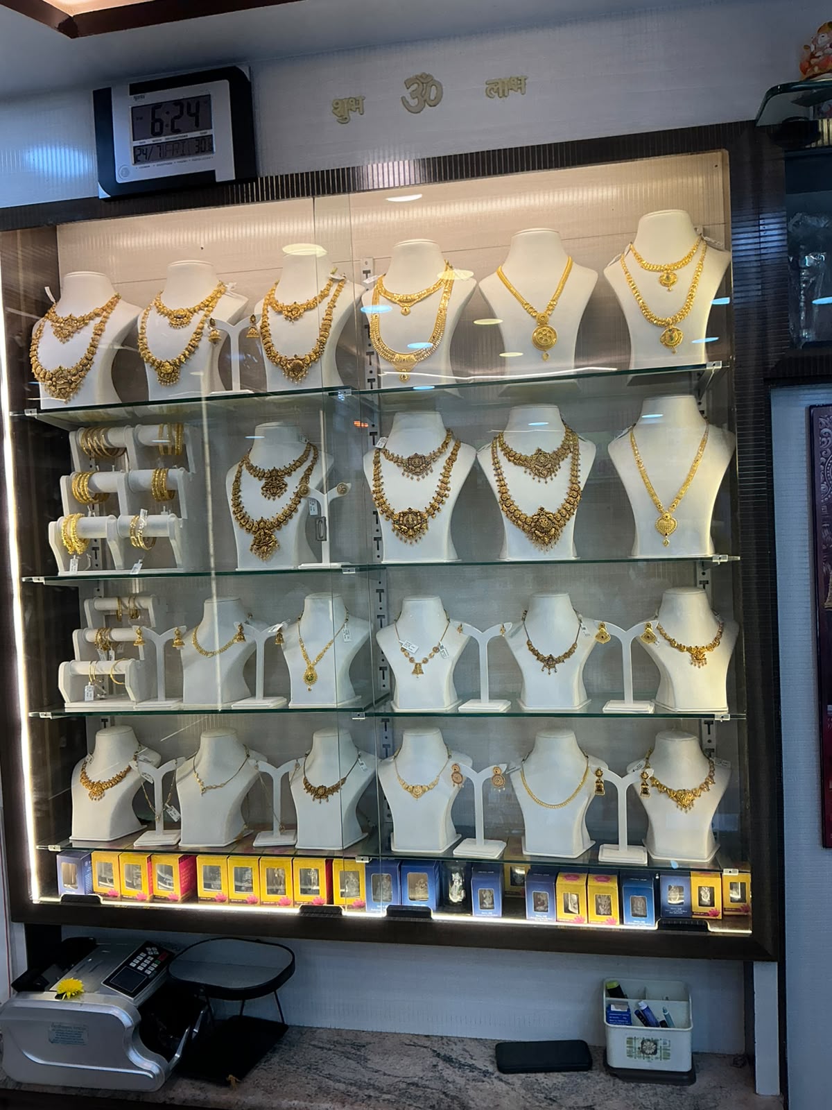 Gold necklace display at Kamala Jewellers
