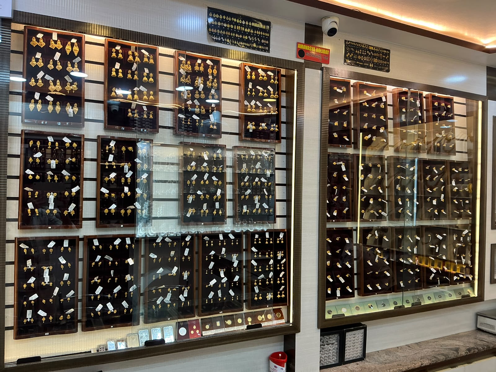 Gold earrings wall display